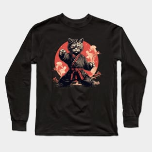 Samurai Ninja Cat with Japanese Kimono Long Sleeve T-Shirt